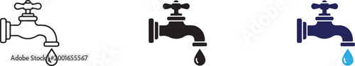 Vector graphic illustrations of faucets with water droplets in different colors and styles