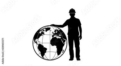 Black silhouette of a worker holding a globe, industrial icon, earth symbol, construction worker May day, EPS