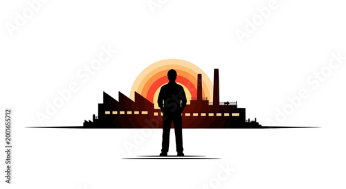 Industrial silhouette, man standing, factory landscape, sunset background May day, EPS