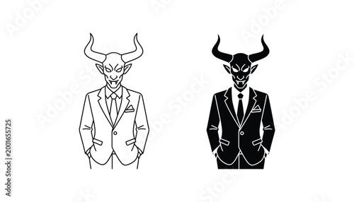 Devil businessman character icon set in outline and solid style representing corporate greed and corrupt leadership concepts