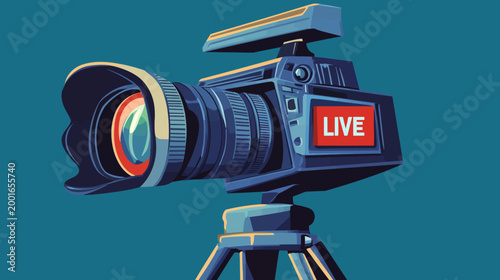Artistic rendering of a professional video camera on a tripod, ready to broadcast