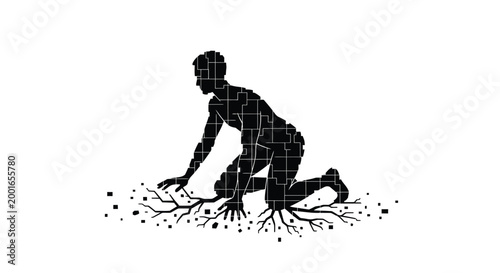 Black silhouette human figure, kneeling, roots growing, earthy, organic, vector illustration