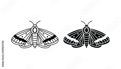 Moth insect icon set in outline and solid style featuring intricate wing patterns for nature and entomology design projects