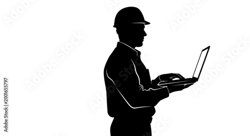 Construction worker, engineer, or architect silhouette, man with laptop, black icon, hard hat May day, EPS
