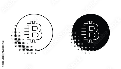 Bitcoin cryptocurrency coin icon set with halftone dot pattern effect in outline and solid black styles for financial technology