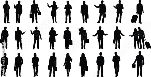 Professional business people silhouettes set, corporate men and women in suits, diverse office poses, traveling with luggage, standing, isolated vector, collection.