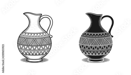 Antique ceramic water pitcher with traditional geometric patterns icon set for pottery and historical design elements