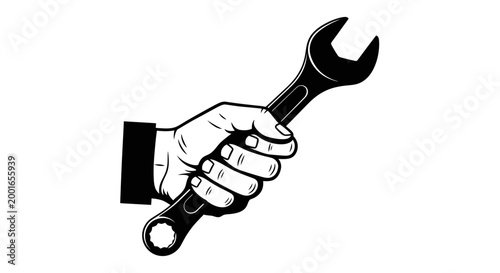 Black and white hand holding adjustable wrench, repair tool icon, mechanical symbol, hand tool May day, EPS