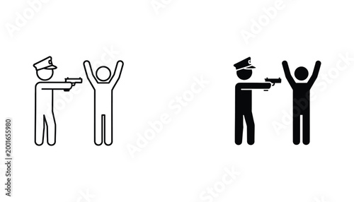 Police officer pointing gun at suspect with hands raised in simple minimalist icon style for law enforcement and criminal justice concepts