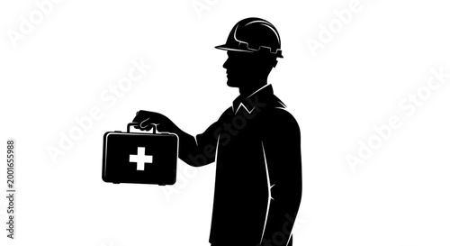 First aid kit, medical rescue, worker silhouette, safety equipment, healthcare May day, EPS