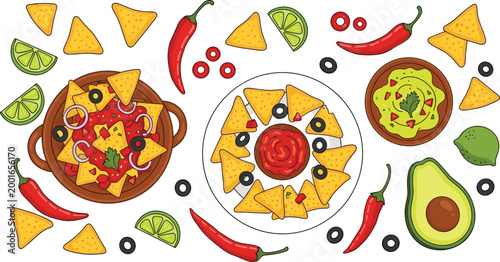 Set of mexican nachos chips with salsa guacamole dipping sauce avocado chili pepper and lime isolated on white background vector illustration