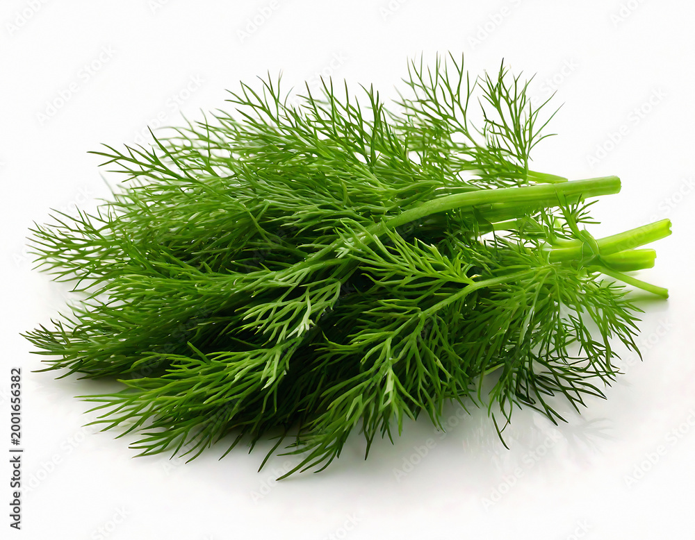 Fototapeta premium Vibrant fresh green dill sprigs isolated on a white background. This clean studio shot showcases the delicate texture of the culinary herb, perfect for food, cooking, and healthy diet themes.