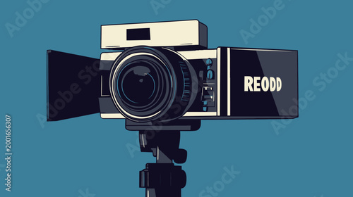 A stylized illustration features a camera resting on a tripod, shot against a solid teal backdrop