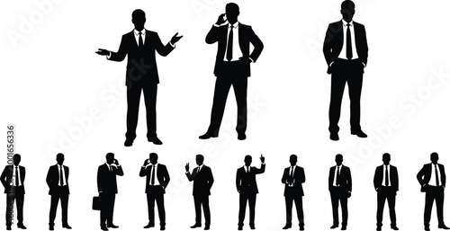 Professional businessman silhouette collection featuring male executive poses talking on phone, standing, and gesturing for corporate business marketing commercial design,