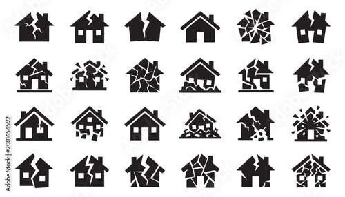 Set of broken house icons showing various degrees of destruction in black and white vector style.