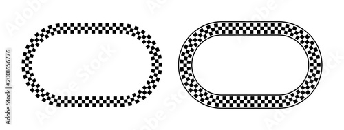 Checker pattern oval frame with racing flag design. Black and white checkerboard border creates bold circular finish line motif for motorsport graphics and vintage rally posters.