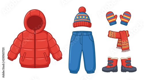 Colorful illustrated kids' winter clothing collection red puffer jacket, blue beanie, mittens, striped scarf, and snow boots, ideal for cold weather fun