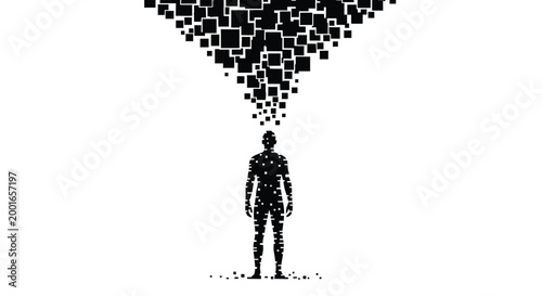 Black silhouette, pixelated man, thoughts exploding, mental health concept, vector illustration