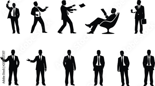 Professional businessman silhouette collection featuring male executive poses, throwing papers, sitting in chair, pointing, and standing for corporate business design,