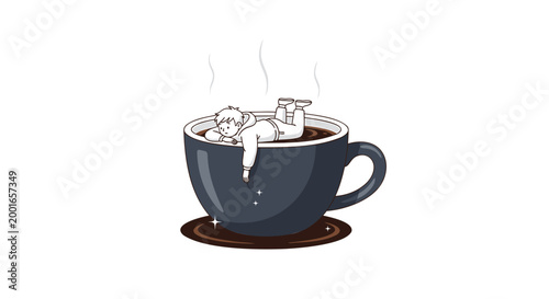 Hot coffee cup, steaming mug, dark blue ceramic, breakfast drink