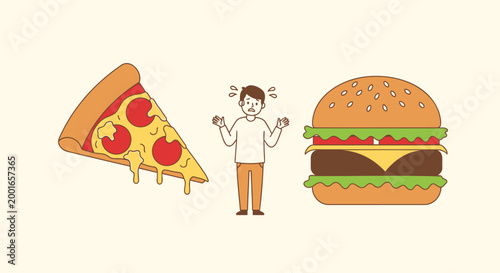 Fast food dilemma, unhealthy choices, pizza burger conflict, foodie crisis