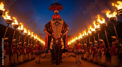 Decorated elephant carries a tusker during a traditional night parade