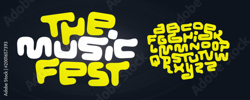 Fun Playful Font Geometric Logo Alphabet Cool Cartoon Letter Set Modern Typography, Creative Typographic Design for Comics Title Text, Typo Poster Headline. Music Fest Style Fonts. Vector Typeface