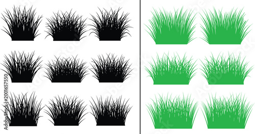 Green grass and black silhouette bush collection isolated set for landscaping design natural vegetation clipart elements