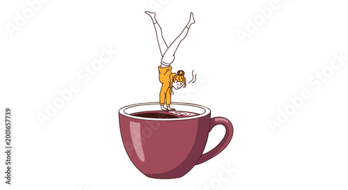 Cartoon gymnast, orange leotard, handstand in coffee cup, vector illustration, fitness humor, quirky design