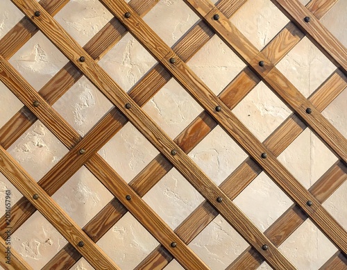 Wooden latticework pattern fastened by rivets. The criss-cross design sits against a backdrop of off-white textured tiles