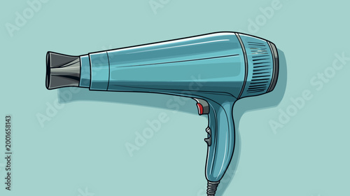 A stylized illustration of a blue-colored hair dryer with a gray nozzle, positioned on a light blue background