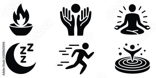 Vector, zen meditation lifestyle icons set including yoga pose, sleeping moon, and running silhouette, minimalist wellness collection for mindfulness, healthy living, fitness tracking, and spiritual 