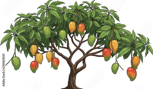 Mango tree with heavy bunches of ripe and green mangoes, tropical fruit plantation, botanical nature design, cad drawing flat vector illustration.