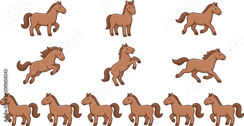 Set of Brown Horse Vector Illustrations Showing Different Poses Including Jumping Running Walking and Rearing Isolated on a Plain White Background