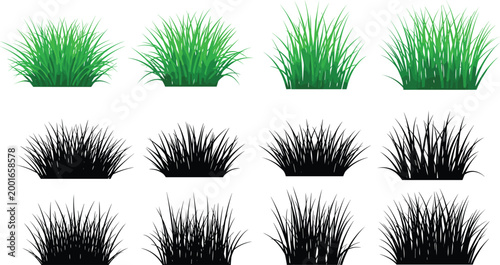Green grass and black silhouette bush collection isolated set for landscaping design natural vegetation elements