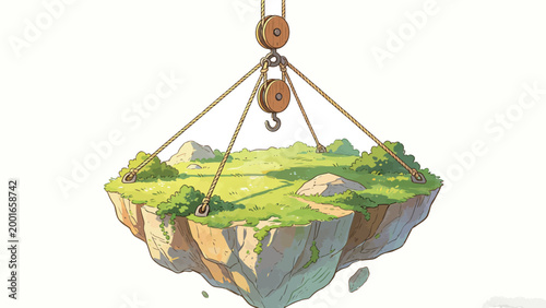 Whimsical warm watercolor illustration of a tiny sunlit grassy floating island suspended by wooden pulleys and thick hemp ropes, soft fantasy aesthetic on plain white background