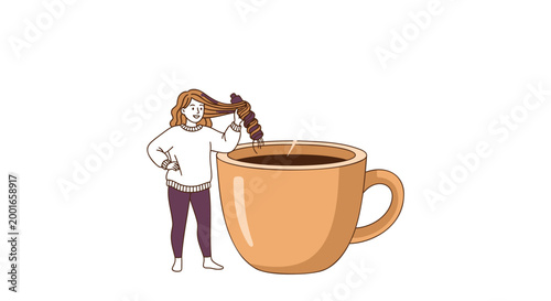 Cartoon woman, giant coffee cup, illustration, vector graphics, daily life, humor, coffee culture