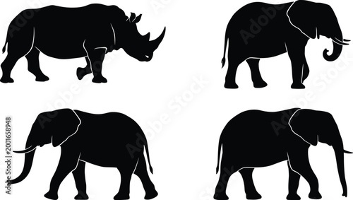 Silhouettes of rhinoceros and elephants highlighting distinct horns, trunks, tusks, and body structures in profile