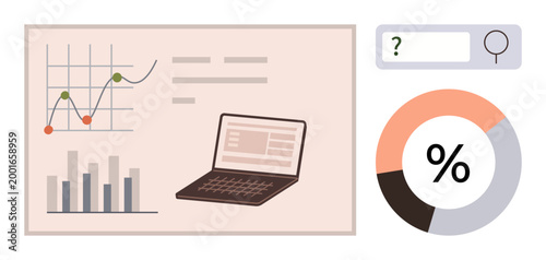 Business analysis, data analytics, research, financial planning, digital tools, marketing insights. Laptop alongside bar and line charts, pie diagram and search interface. Business analysis and data