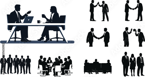 Business people silhouettes set featuring professional woman at desk, colleagues high-fiving, corporate handshake, team meeting, and group sitting in office.
