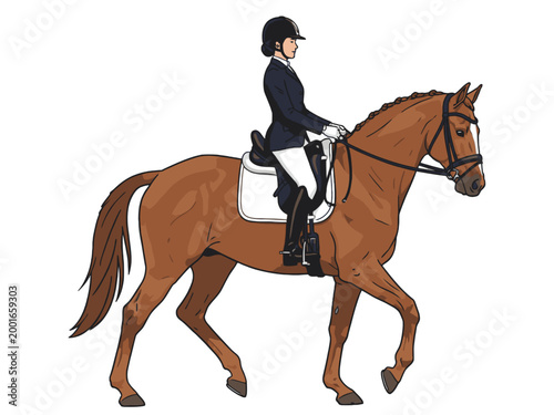 Female Rider on Brown Horse Dressage Competition Illustration