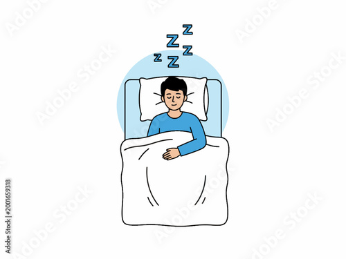 Man Sleeping Peacefully in Bed with Pillow and Blanket Illustration