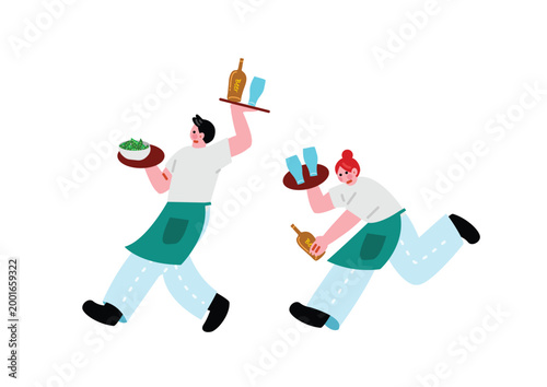 忙しそうにビールを運ぶ店員のイラスト
