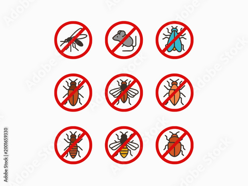 Pest control prohibited sign icon set on white background