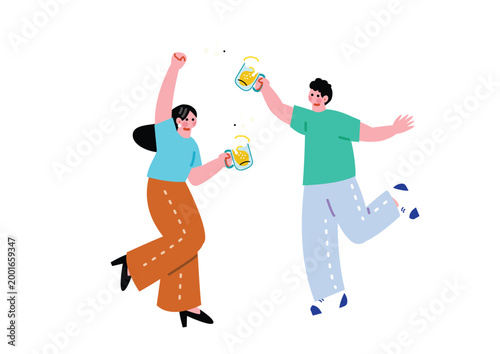 楽しそうにビールで乾杯する男女のイラスト