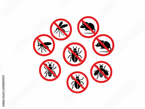 Pest control icon set with prohibited sign on white background vector