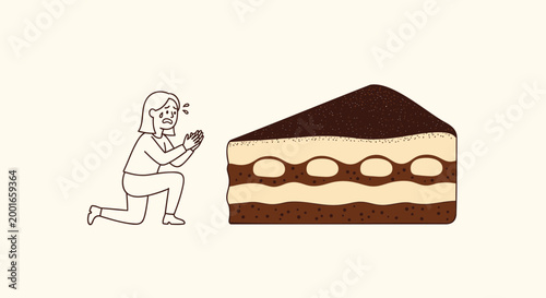 Vector illustration, woman taking photo of chocolate cake, food blogger, dessert photography, cake slice