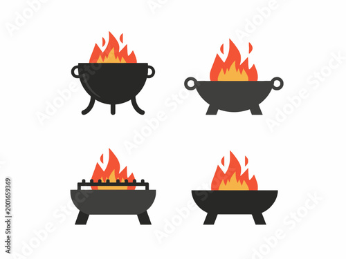 Foto Fire pit cauldron with burning flame on white background icon set