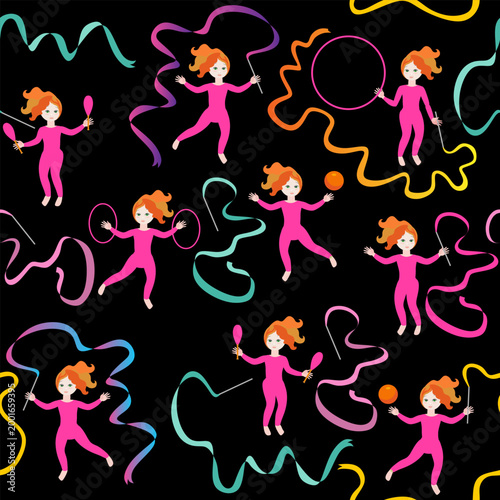 Beautiful seamless pattern with girls gymnastics with hoops, ribbons, balls and clubs