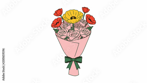Flower bouquet with roses and poppies on white background illustration